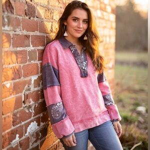 Easel Los Angeles Pink Washed Patchwork Pullover | Boho | Medium